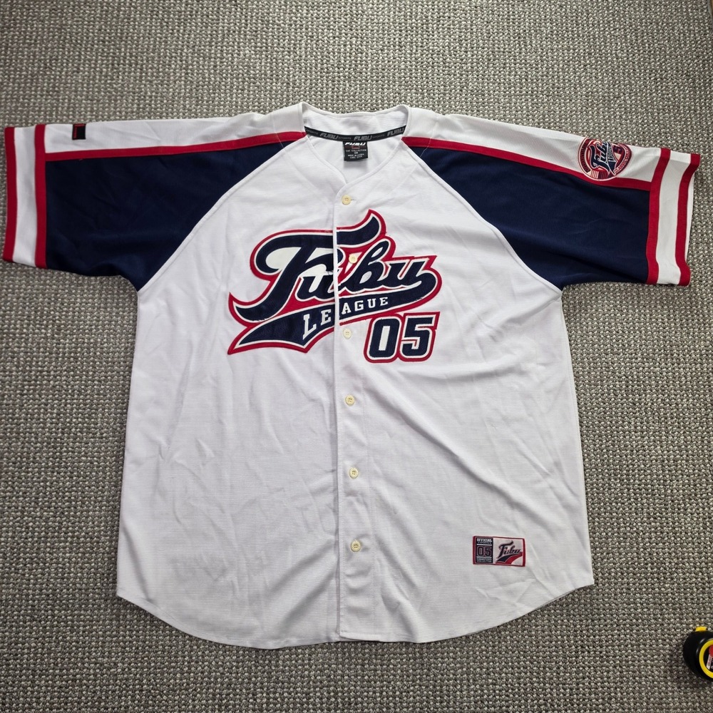 FUBU Baseball Jersey Mens 3X League 05 Mesh Button Front White Navy Red Y2K